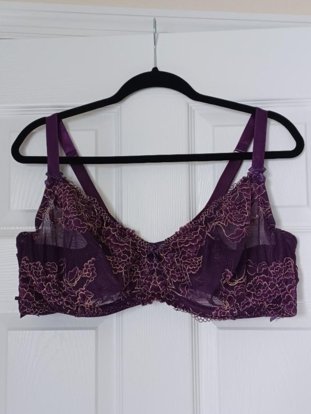 Cacique Sexy Collection Purple/Gold Lace Unlined Balconette Bra Size 44DD